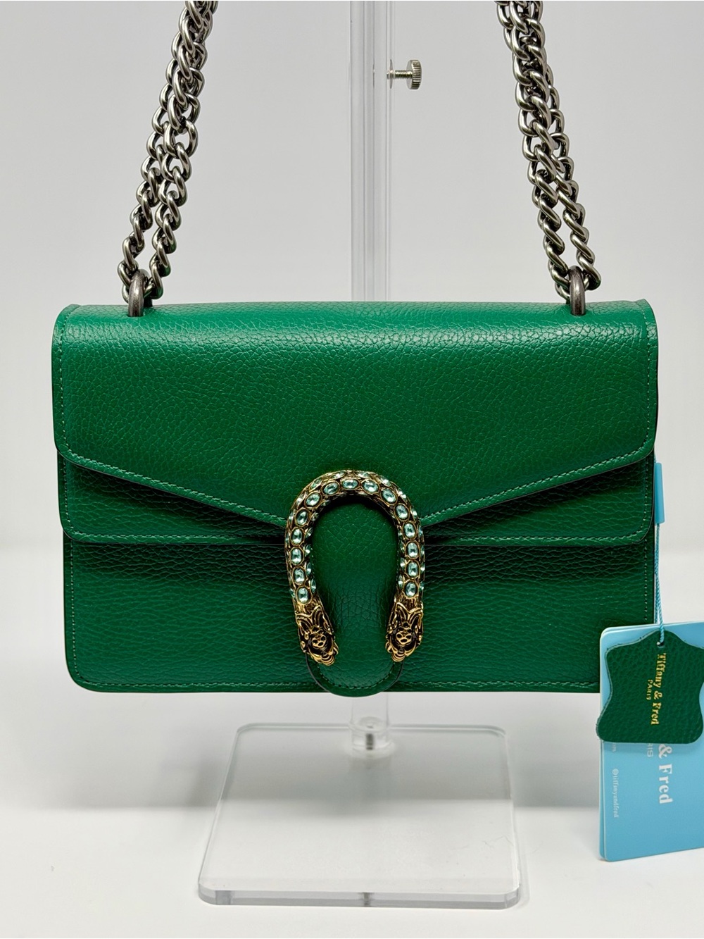 Tiffany & Fred Green Leather Chain Shoulder Bag Crested Dragon NWT